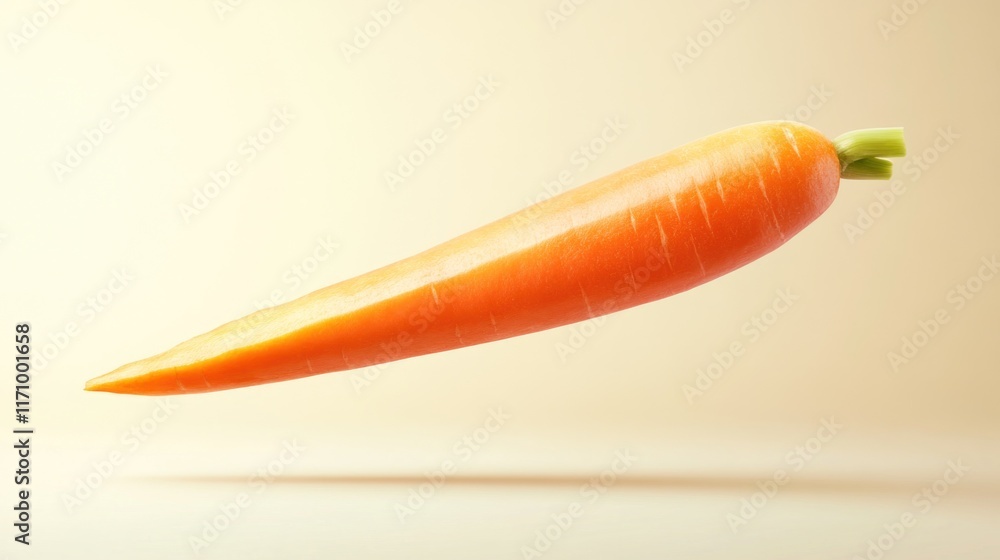 Single fresh orange carrot levitating against a beige background. Single fresh orange carrot levitating against a beige background.