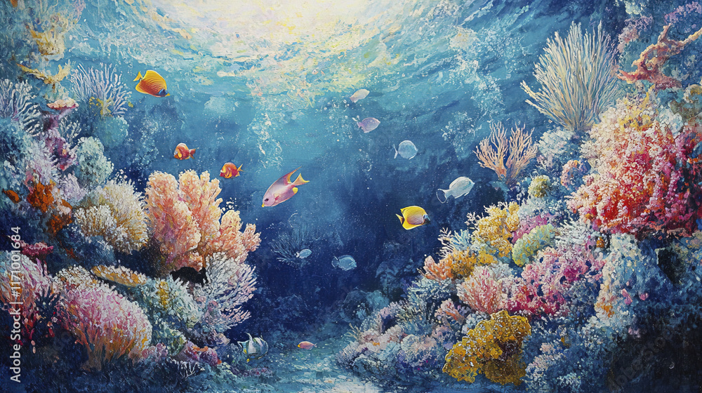 Naklejka premium serene coral reef ecosystem filled with diverse marine life and vibrant colors