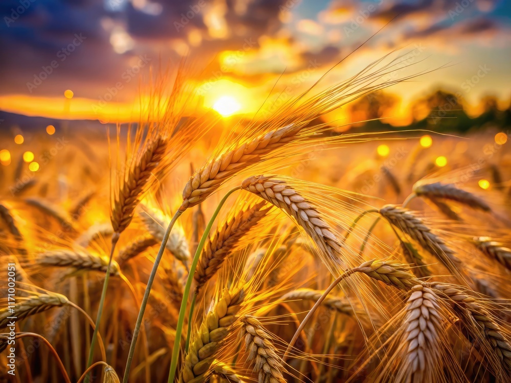 Barley fields glow at sunset; breathtaking bokeh captures the idyllic farmland scene.