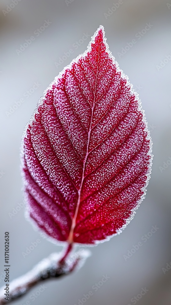 Fototapeta premium A red leaf covered in frost on a branch