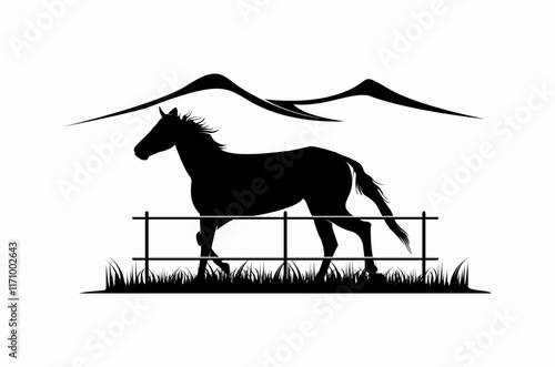 Horse silhouette behind wooden fence paddock for countryside western country farm ranch logo design