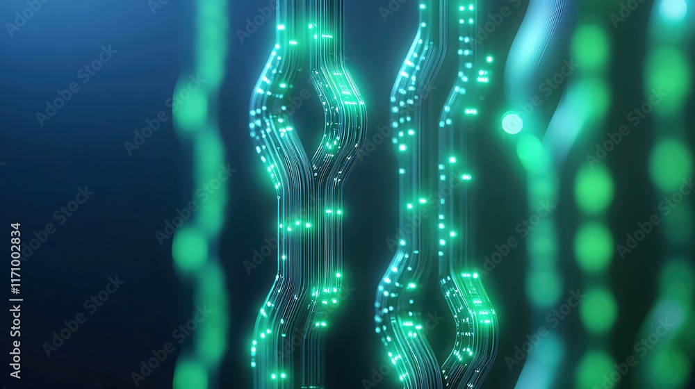 Abstract glowing green digital data streams.