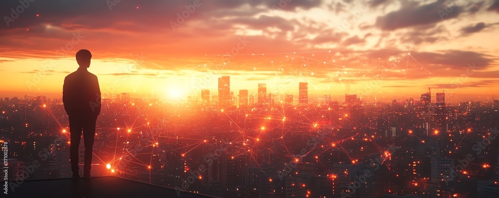 Fototapeta premium Businessman silhouette standing on a rooftop, watching a futuristic city with glowing network connections at sunset, symbolizing urban development and digital transformation