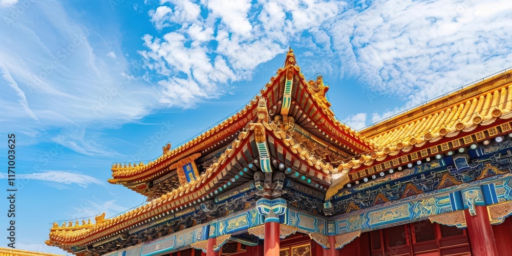 A vibrant view of traditional Asian architecture under a blue sky. A vibrant view of traditional Asian architecture under a blue sky.
