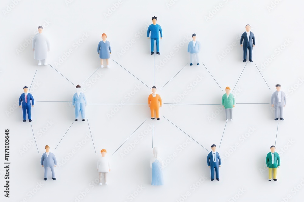 Networked: Miniature figures symbolize interconnectedness and collaboration in a business network.  A visual metaphor for teamwork, communication, and global reach.