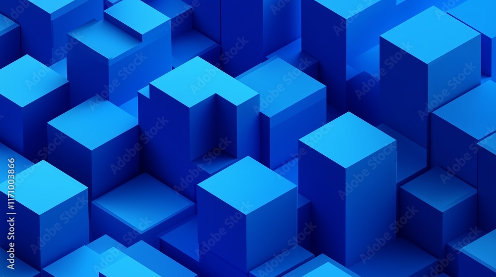 Abstract illustration of blue 3D cubes in a minimalist isometric perspective, with varying shades of blue to create depth and interest. The HD image highlights the geometric precision. Abstract illustration of blue 3D cubes in a minimalist isometric perspective, with varying shades of blue to create depth and interest. The HD image highlights the geometric precision.