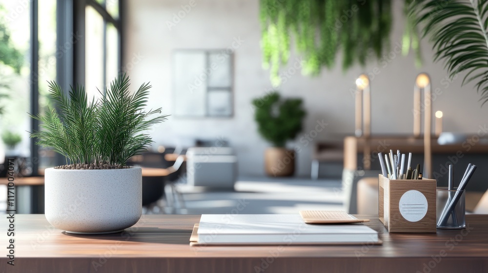Modern office interior with plants, desk, and stationery. Modern office interior with plants, desk, and stationery.