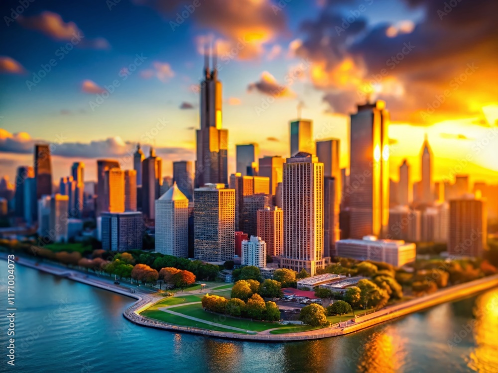 Fototapeta premium Miniature Chicago Sunrise: Tilt-Shift Cityscape at Dawn