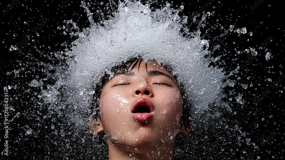 Fototapeta premium Boy with water splash creating dynamic effect on black background