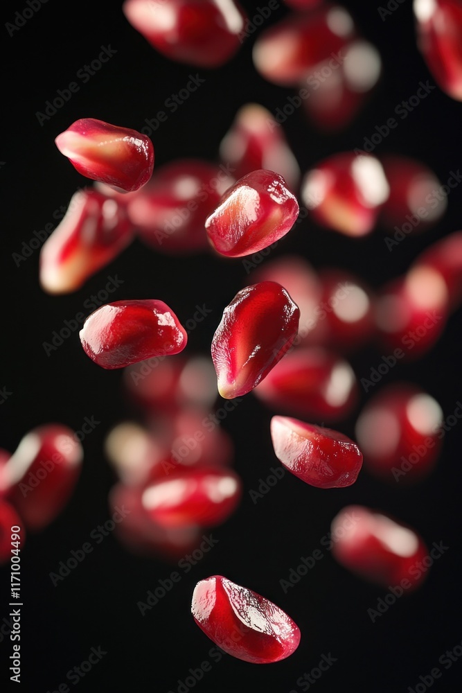Red pomegranate seeds falling on black background. (2) Red pomegranate seeds falling on black background. (2)