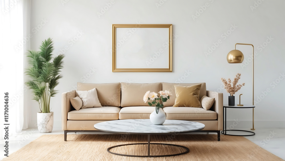 Fototapeta premium Mock up poster frame in Scandinavian style interior. Minimalist living room decoration.