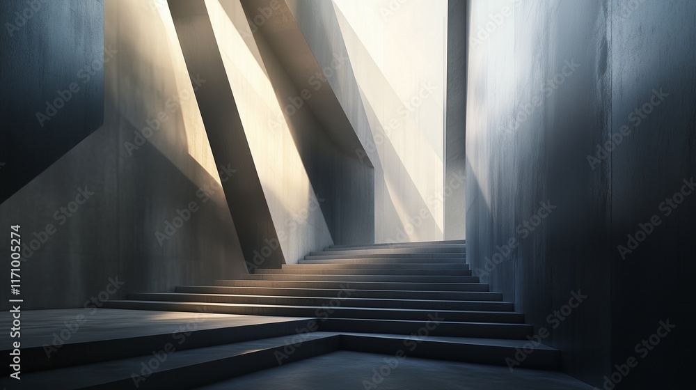 Fototapeta premium An abstract architectural background with high, shadowy walls and sharp, geometric steps. Soft, diffused lighting enhances the dramatic depth and contemporary design.