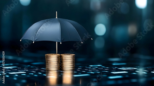 Wallpaper Mural Coins and Umbrella on the Table Representing Financial Growth and Wealth Torontodigital.ca