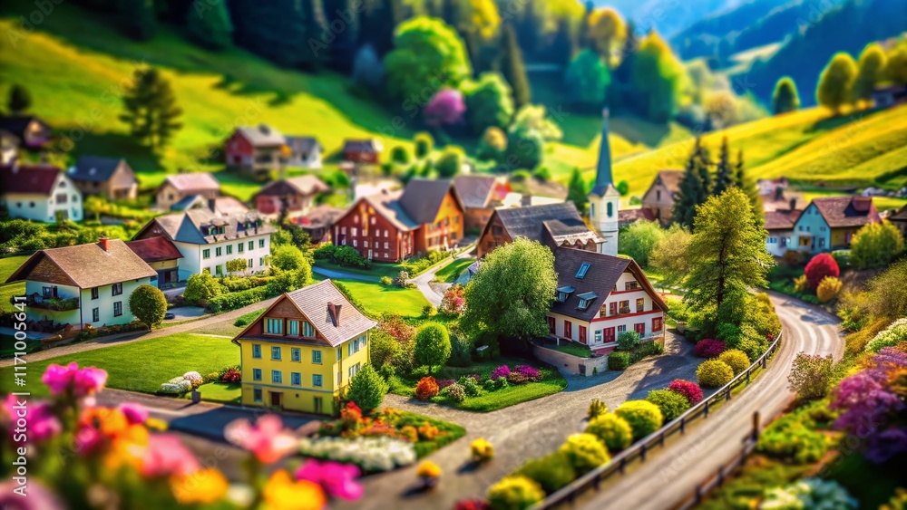 Obraz premium Miniature Fairy Tale Village, Tilt-Shift Photography, Charming Town, Whimsical Landscape
