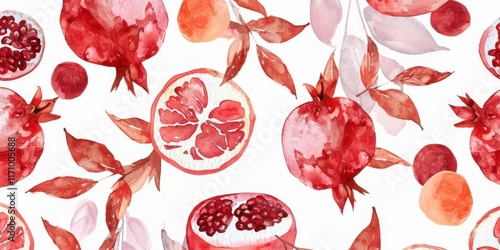 A vibrant watercolor pattern featuring pomegranates and leaves in shades of red and pink.