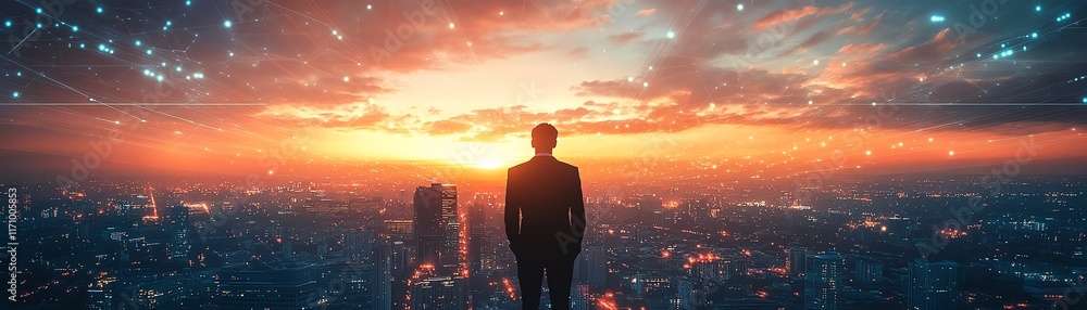 Fototapeta premium Silhouette of a businessman standing tall, looking out over a futuristic city with digital networks and glowing data points, sunset sky, symbolizing urban tech advancement