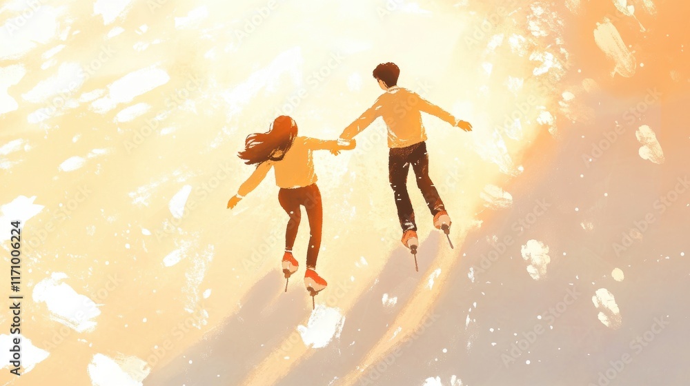 Naklejka premium Lovely couple skate together on ice surface.