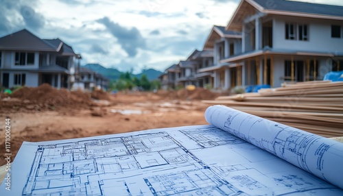 Worker analyzing blueprints for house construction, construction site background, building materials, architectural plans on table, ongoing project development, team collaboration photo