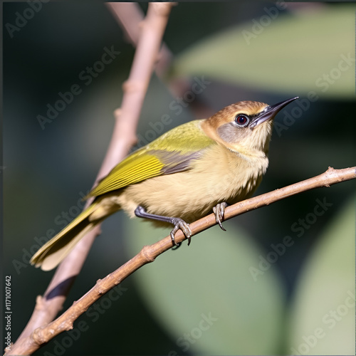 Female of Satin Bowerbird - Ptilonorhynchus violaceus a bowerbird endemic to eastern Australia, hybrid between satin and regent bowerbird is Rawnsley's bower, green brown body and blue eyes. photo