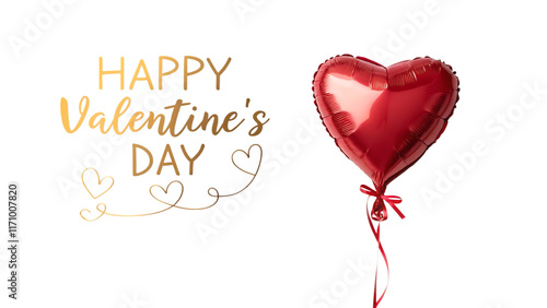 Happy valentine's day with golden text, heart-shaped red balloon isolated on white background as transparent. PNG.AI GENERATED