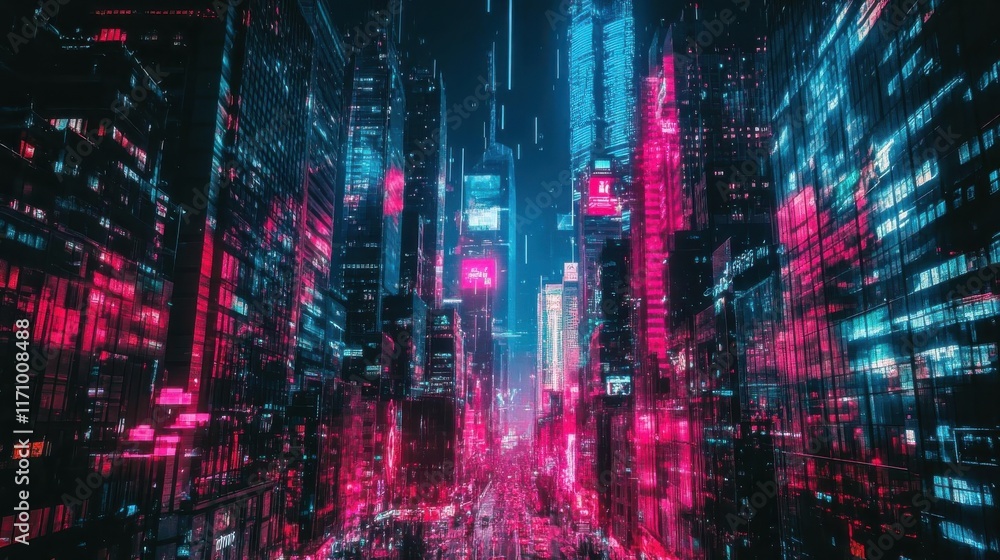 A vibrant, futuristic cityscape illuminated by neon lights and digital effects. A vibrant, futuristic cityscape illuminated by neon lights and digital effects.