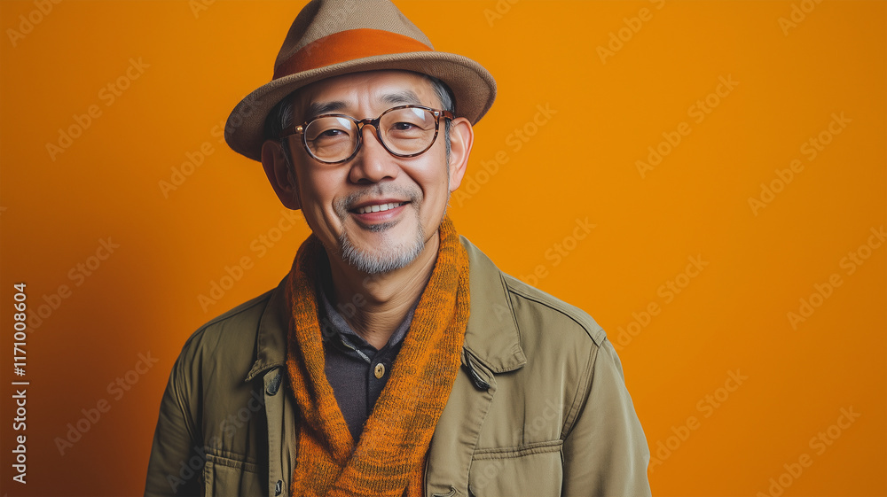 アウトドア風ファッションでリラックスする50代男性のスタジオポートレート アウトドア風ファッションでリラックスする50代男性のスタジオポートレート