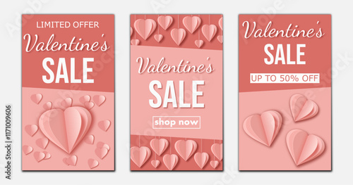 Valentine's Day sale, set of templates discount banner design with realistic paper cut layered pink hearts. modern vector illustration website header, flyer, poster to promote purchases 14 february