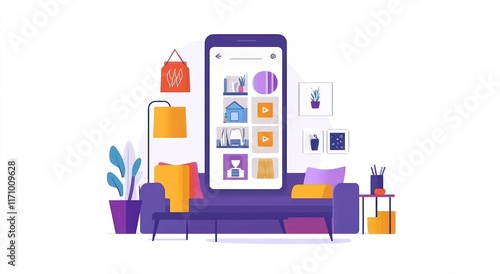 Online shopping app interface displayed on a smartphone in a living room setting.