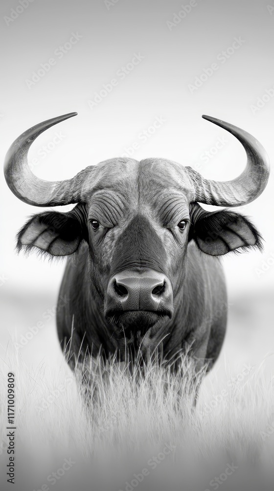 Naklejka premium A black and white photo of a buffalo standing in tall grass