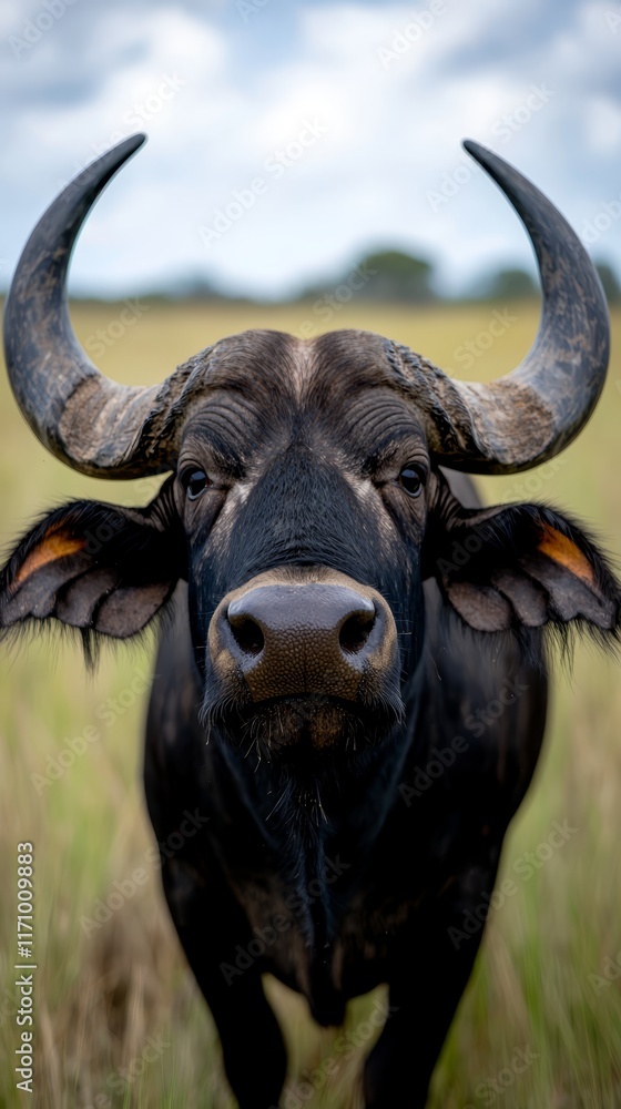 Naklejka premium A close up of a buffalo with large horns in a field