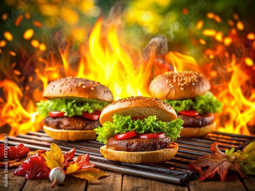 Sizzling BBQ: Double Exposure of Juicy Burgers & Hot Dogs Grilling Outdoors photo