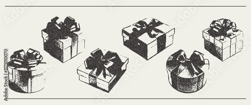Vector set holiday gift box with bow. Trendy retro photocopy grain effect. Modern stipple dots texture for design art.