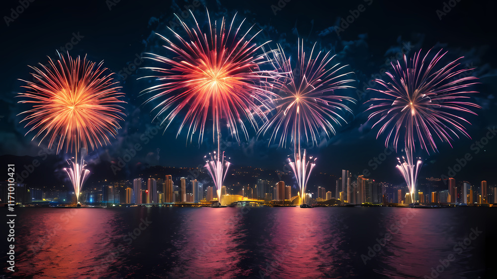 A vibrant and dynamic image of fireworks lighting up the night sky A vibrant and dynamic image of fireworks lighting up the night sky