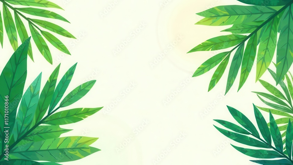 Obraz premium Tropical leaves frame creating space for text or design with vibrant greenery and gentle colors suggesting a warm atmosphere. Generative AI