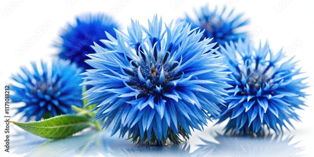 Close-up macro photography reveals the intricate beauty of isolated blue safflowers. Close-up macro photography reveals the intricate beauty of isolated blue safflowers.