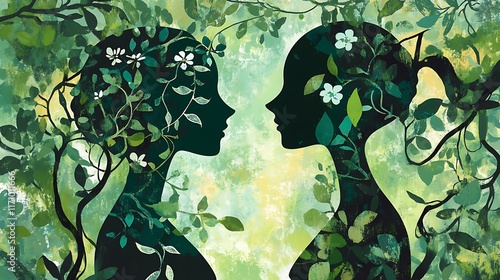 Bold Women's Day illustration featuring intertwined vines and blossoms in shades of green, with abstract female silhouettes symbolizing empowerment photo