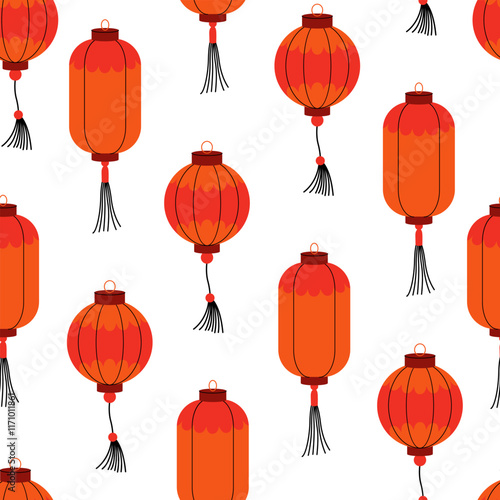 Seamless pattern with chinese or japanese various paper lanterns. Vector flat background in asian style. Traditional oriental decor