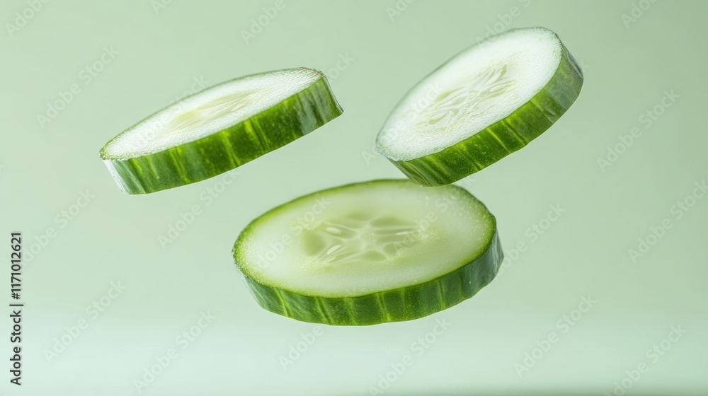 Three levitating cucumber slices against a pale green background. Three levitating cucumber slices against a pale green background.