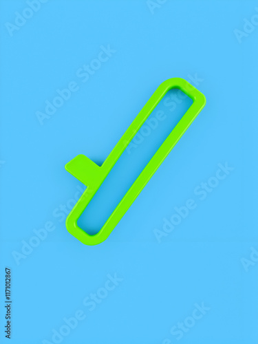 A bright green checklist icon with a white tick mark inside, isolated on a clean blue background, symbolizing efficiency, productivity, and successful achievement. photo