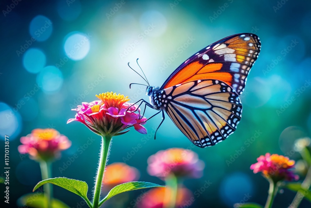 Fototapeta premium Minimalist Butterfly on Flower: Vibrant Bloom and Insect Closeup