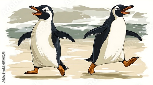 Two Gentoo Penguins Joyfully Running on a Beach