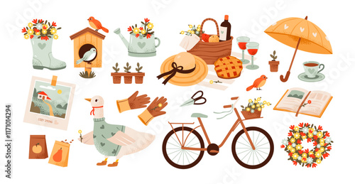 Spring set. Cozy spring picnic basket, seedling pots, and a bicycle. Springtime elements including flowers, wreath, and a birdhouse. Flat vector illustration.