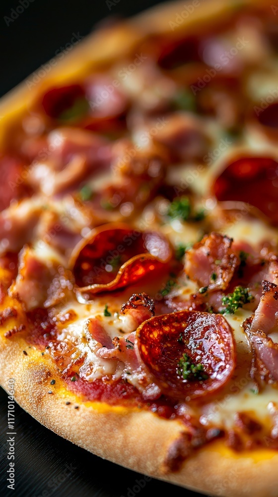A close up of a pepperoni pizza on a table A close up of a pepperoni pizza on a table