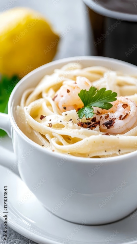 A bowl of pasta with shrimp and parsley on a white plate A bowl of pasta with shrimp and parsley on a white plate