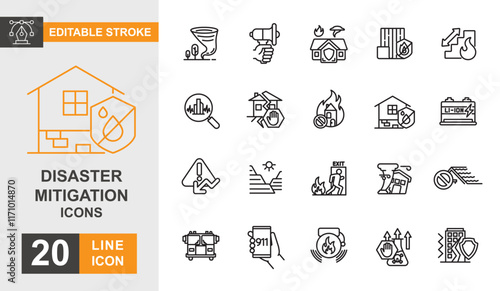 Disaster mitigation line editable icon set. Storm, tornado, volcano, flood, danger, climate and more line icons