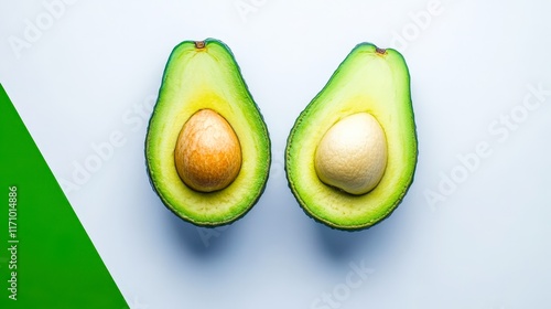 Two halved avocados placed side by side, showcasing contrasting pit colors on a clean background, Ideal for culinary, health, and organic food content promoting nutrition and healthy eating, photo