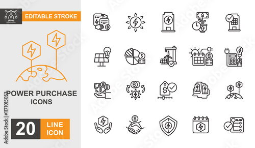 Power purchase line editable icon set. Energy, electricity, gas, oil, solar, panel, pollution and more line icons