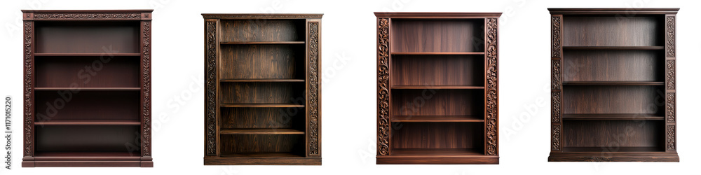 Elegant and ornate wooden bookcases showcasing a classic interior design style with intricate carvings and a captivating display of a literary collection perfect for a study home library Elegant and ornate wooden bookcases showcasing a classic interior design style with intricate carvings and a captivating display of a literary collection perfect for a study home library