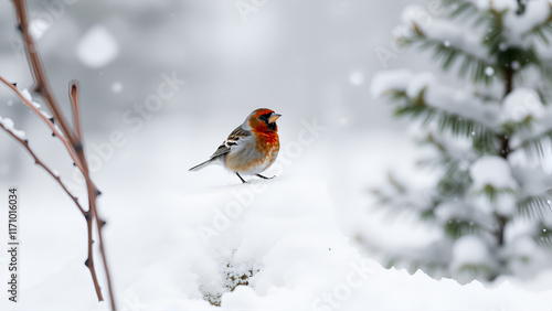 male red grosbeak sitting in the snow during a snowstorm in northern Ontario Canada photo