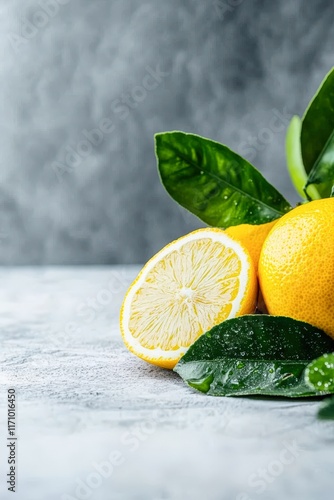 Fresh lemons and lime slices with green leaves on a textured surface, ideal for food blogs, recipe books, or promotional material related to cooking, wellness, or beverages, photo